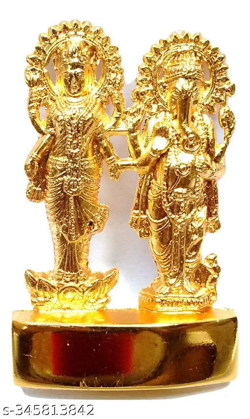 Metal Laxmi Ganesha Pujan Set, auspicious Indian art statues for car dashboard, home decor, office showpiece. Handmade metal idols (2cm x 10cm x 7cm). Ideal for temple puja, gifting. Country of origin: India
