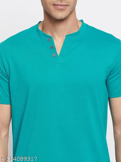 Mens cotton blend solid short sleeved Henley T-shirt, great for casual wear. [M], chest size 39in, length size 27in. Made in India