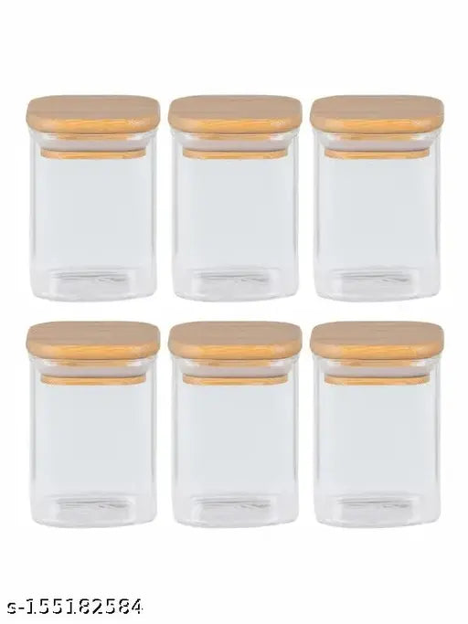 VRS MALL 240 ml Square Spice Storage Containers With Bamboo Airtight Lid Thicken Small wooden Glass canister for Food Storage Kitchen Seasoning,storing masala,Coffee Bean, Tea, Suger, Herbs (6 pcs)