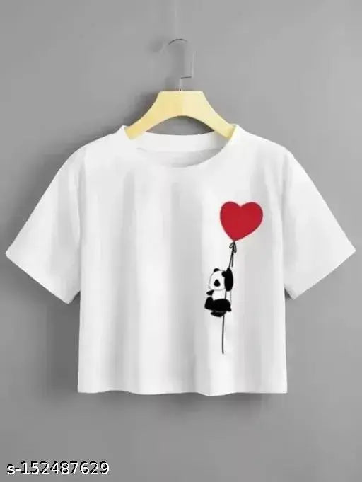 Graceful printed cotton summer top with heart panda design, short sleeves for women's casual wear