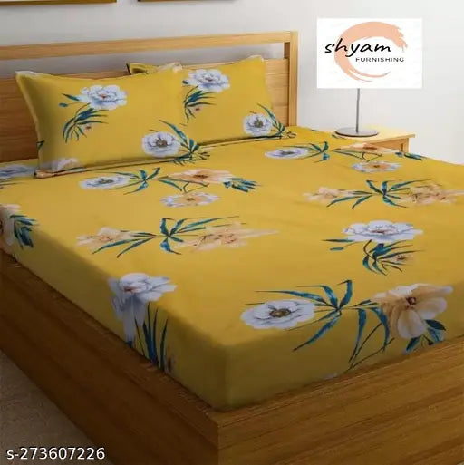 White and grey floral cotton blend fitted double bedsheet, 72-78 inches, fits up to 6 inches mattress, ideal for summer, full elastic trim