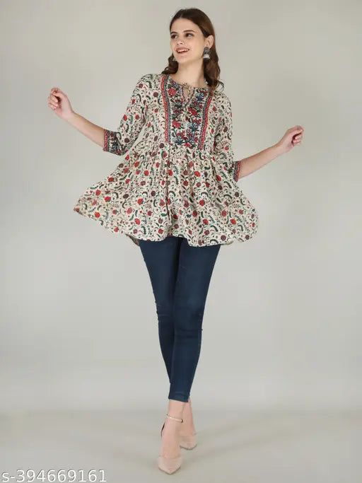 Rayon tunic tops for women & girls with printed net pattern, three-quarter sleeves, XS - 4XL sizes available
