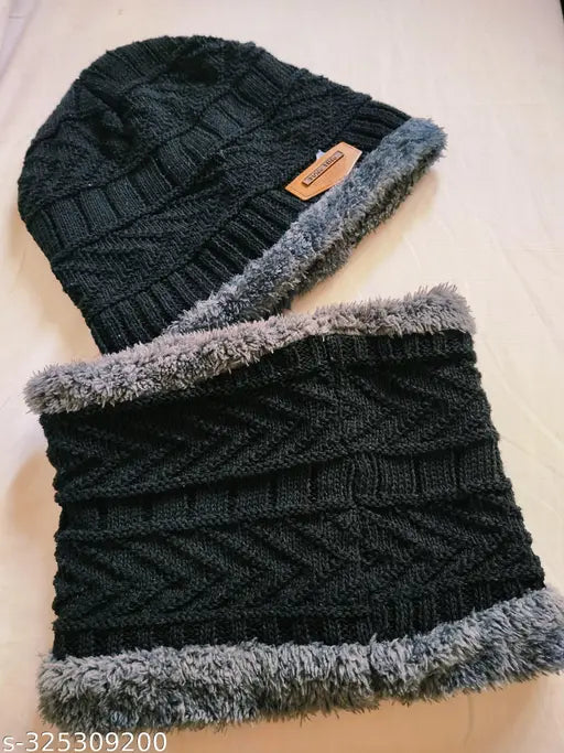 Woolen men & women winter cap beanie with touch screen gloves, solid pattern, warm knit and thick fleece lined for cold weather
