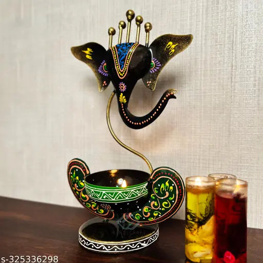 Metal painted Ganesha idol showpiece, Indian spiritual iron decor with Diya stand and T-light candle holder