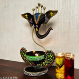 Metal painted Ganesha idol showpiece, Indian spiritual iron decor with Diya stand and T-light candle holder