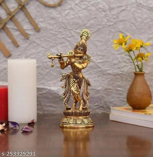 Metal Krishna playing with flute decorative showpiece for temple and gifting, 8cm x 22cm x 22cm