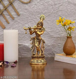 Metal Krishna playing with flute decorative showpiece for temple and gifting, 8cm x 22cm x 22cm