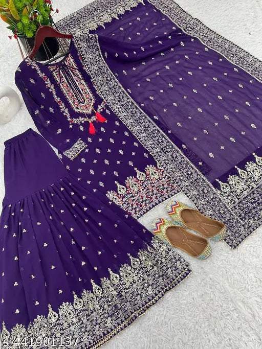 Purple designer party wear, launch new design, fashionable top and dupatta set, high-quality material, stitched sharara