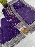 Purple designer party wear, launch new design, fashionable top and dupatta set, high-quality material, stitched sharara