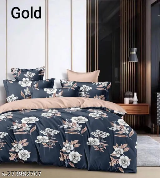 Floral cotton duvet cover set: navy blue, white flowers, 1 comforter, 2 pillow covers, double sheets.