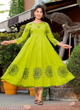 Green Rayon Hand Block Printed Long Flair Anarkali Kurti, exquisite Indian traditional wear with embroidery details and long sleeves