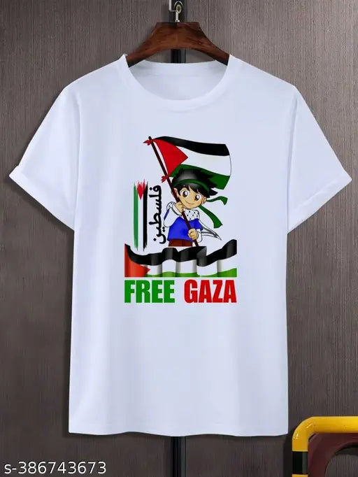 Arabic design printed polyester t-shirt, FREE GAZA latest flag motif, short sleeves