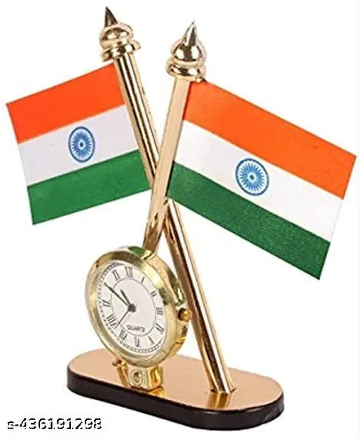 Multicolor plastic Indian flag with quartz watch frame, 11cm height for car dashboards and home decor