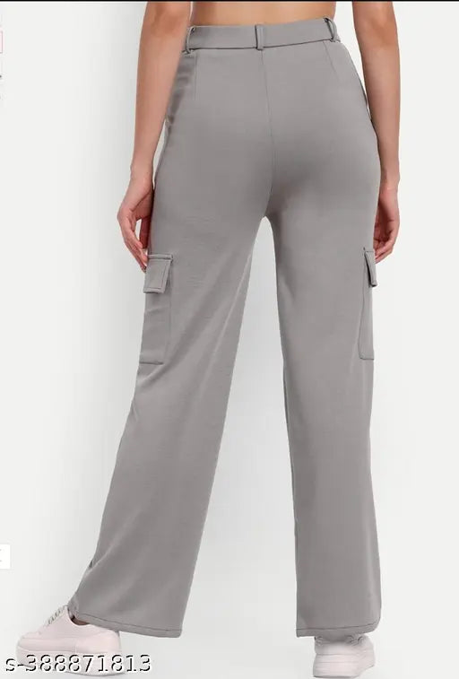 Grey four-pocket cargo pants, elastic waistband