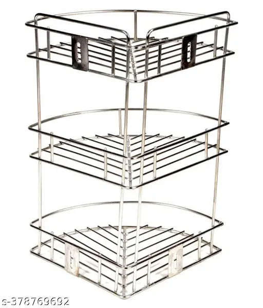 Silver metal storage rack with corner shelves, ideal for kitchen organization
