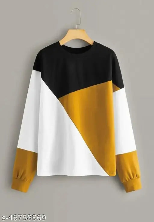 Women's white cotton-blend long-sleeve solid t-shirt in yellow and black, designed for ultimate comfort