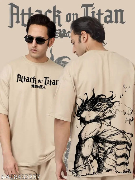 Beige oversized anime print cotton T-shirt for men, loose fit, ideal for casual wear