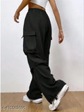 Women's solid polyester cargo-style joggers, available in S, M, L, XL sizes. Solid-colored joggers for women on display