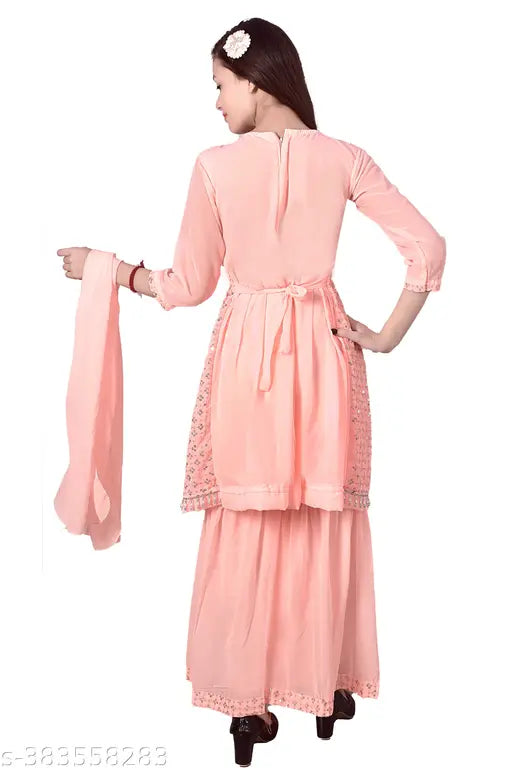 Georgette Sharara Set with A-line dupatta, embellished, three-quarter sleeves. Traditional charm meets modern elegance for girls' festive wear (4-5yrs: 24m top, 24m bottom). Made in India