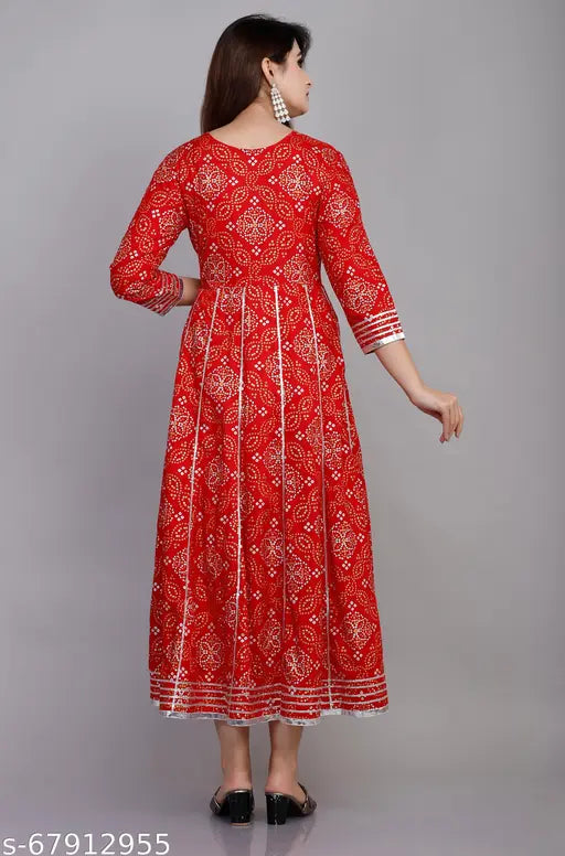 Red embroidered rayon anarkali kurti, traditional wear with three-quarter sleeves and calf length