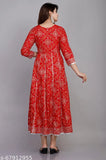 Red embroidered rayon anarkali kurti, traditional wear with three-quarter sleeves and calf length