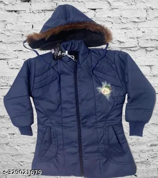 Elegant girls jacket with faux fur hood, navy blue material