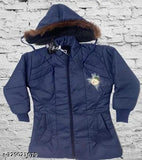 Elegant girls jacket with faux fur hood, navy blue material