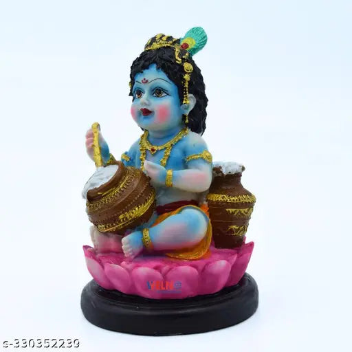 Hand-painted polyster resin Big Maakhan Chor Baby Krishna statue, intricate detailing, traditional butter thief pose with flute, India origin
