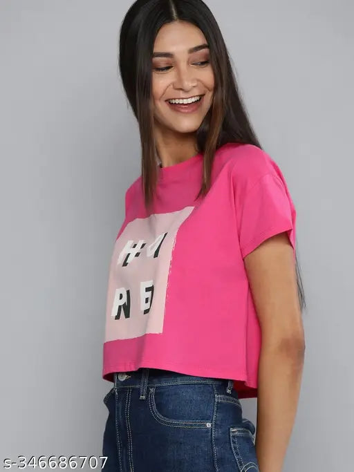 Affordable pink peach printed cotton t-shirt, women's round neck, short sleeves, made in India