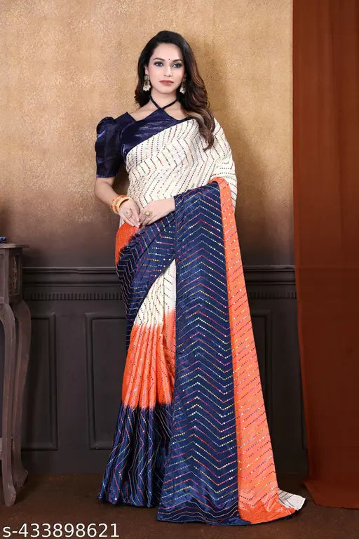 Designer saree in red, blue, and orange on gorgette fabric with sequin work