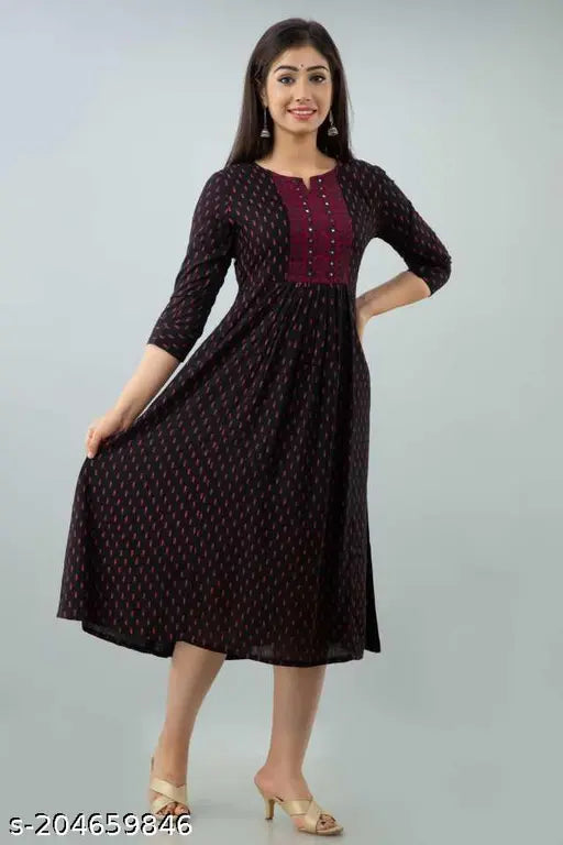 Elegant printed rayon Anarkali kurti, flared silhouette, three-quarter sleeves - Indian traditional fashion