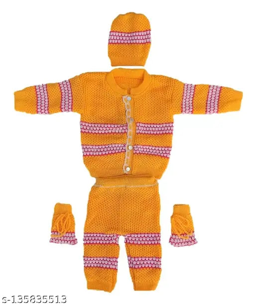 Woolen knitted front open sweater set for newborn babies (0-6M), featuring pyjami, bootie, and cap. Handcrafted self-design net from India
