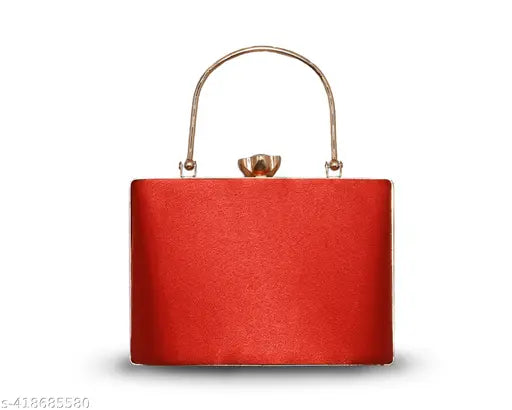 Red fabric clutch purse with gold accents and flap closure