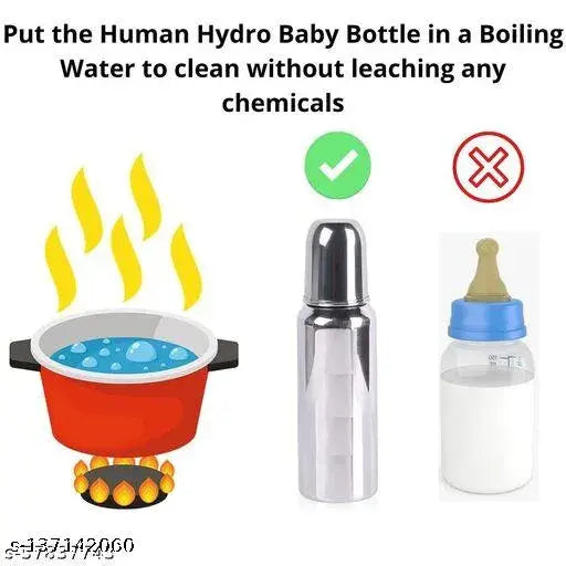 Stainless steel milk feeding bottle with hot case cover, 250ml. Silver insulated baby bottle for long life and safe use (BPA-free)