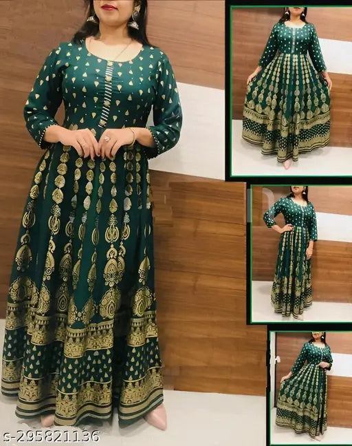 Green Gold Anarkali rayon three-quarter sleeves printed combo, best quality rayon and gold print Indian traditional Kurti
