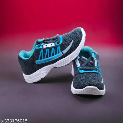 Gray boys shoes with blue laces, white soles