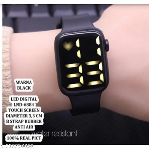 Digital square dial led kids watch, black strap with yellow numbers and digital display