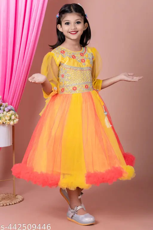 Fully embroidered yellow and pink fusion dress with full sleeves, princess cut for girls, suitable for ethnic and party wear