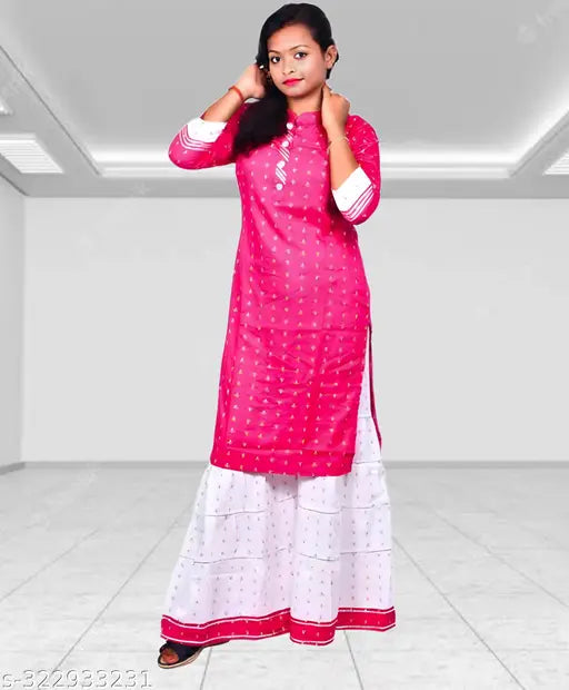 Rayon sharara kurta set in self-design pattern, fashionable attire for kids aged 7-14 years. India origin