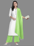 White cotton kurta with green palazzos and dupatta for women - Indian traditional palazzo set in solid net, comfortable and affordable