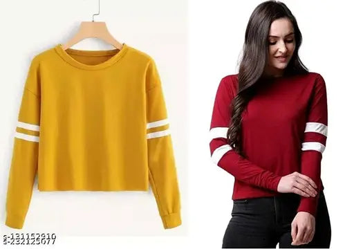 Multicolor round neck cotton blend full sleeve t-shirt for women, vibrant and trendy fashion statement