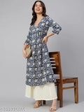 Navy blue cotton floral print flared kurta, three-quarter sleeves, intricate pleating and kalamkari print, India origin