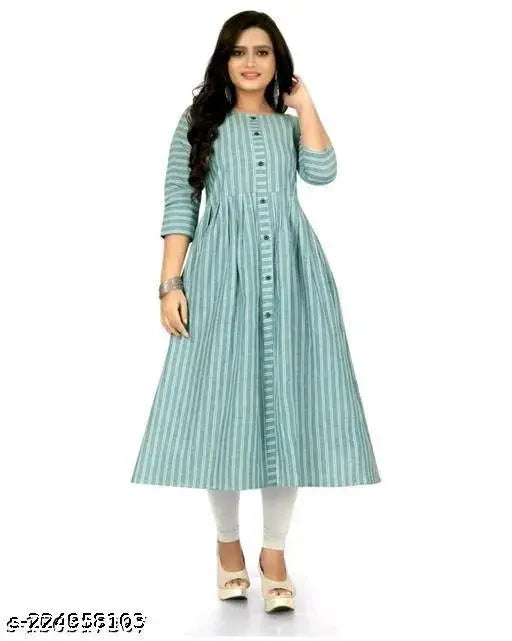 Striped cotton kurti for women, three-quarter sleeves, printed lining design, India origin
