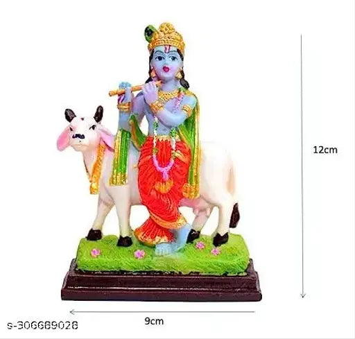 Multicolor polyresin Hindu Krishna statue playing flute with Cow Gau MATA Idol, ideal for gifting and home decor
