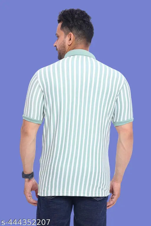 Men's striped lycra polo neck regular fit t-shirt, cotton blend - Indian-crafted for contemporary men's style and comfort