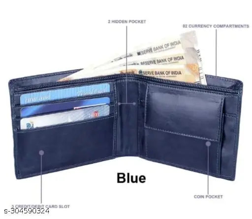 Customised blue leather men's wallet, personalized with name and charm code, crafted for style and practicality