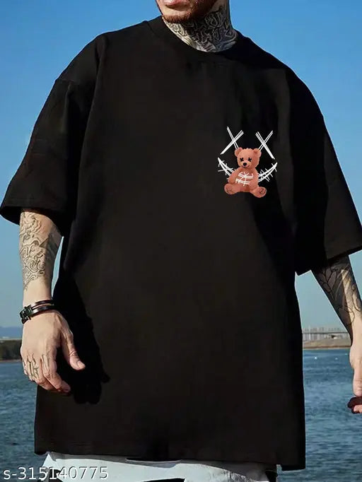 Teddy Black oversized round neck half sleeve t-shirt, printed anime design on cotton fabric, fashionable men's clothing