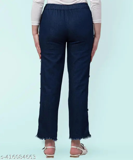 Dark blue stretchable denim joggers, side button closure, baggy style, mid waist, plus size XL2XL 3XL4XL