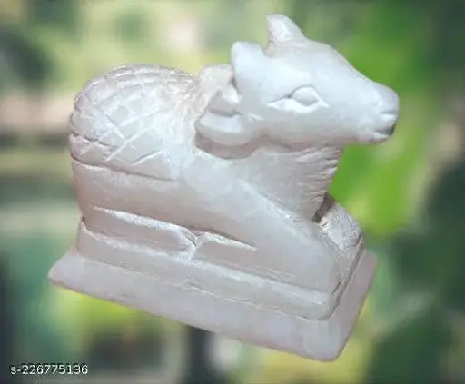 White marble handcrafted Nandi idol, intricate Indian art piece, 5cm height