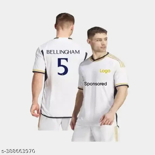 Real Madrid Bellingham 5 Football New 2023 White Jersey for Men's Polyester t-shirt with printed sleeves, featuring team logo and player name Bellingham